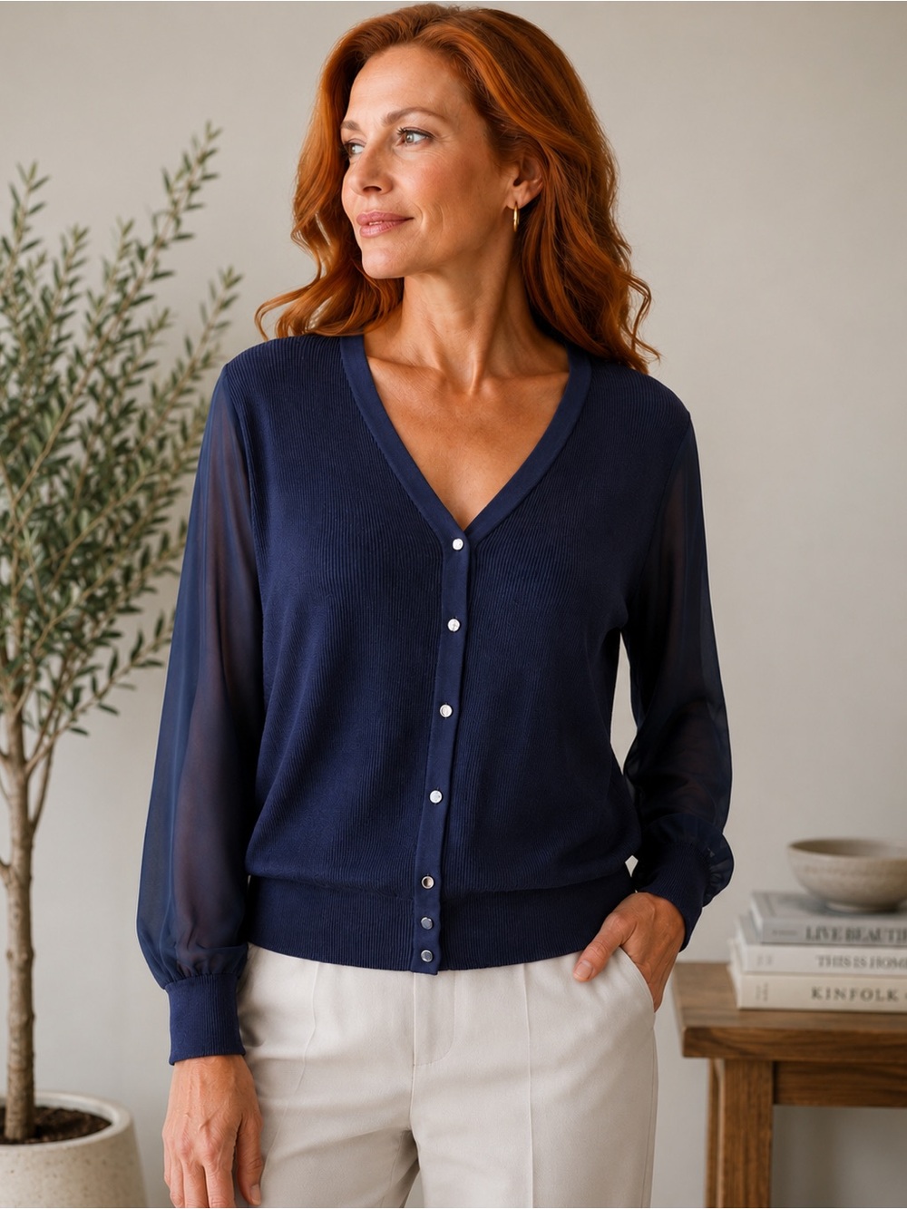 Tahari Blouson Sleeve Rib V-Neck Cardigan Sweater